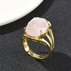 真鍮のカフオープンリング  天然なローズクォーツと  オーバル  多面カット  ラックめっき  長持ちメッキ  ゴールドカラー  18mm&nbsp;RJEW-D347-03G-14