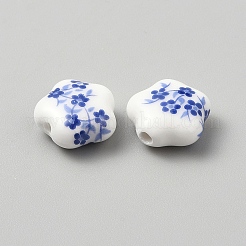 手作りの陶器ビーズ  花  青と​​白の磁器  ブルー  14x14.5x7mm  穴：1.8mm&nbsp;LS-PORC-WH0013-16B