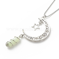 Natural New Jade Bullet with Alloy Moon and Star Pendant Necklace&nbsp;NJEW-JN03912-07
