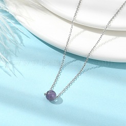 Natural Amethyst Round Bead Pendant Necklaces&nbsp;NJEW-JN04551-01