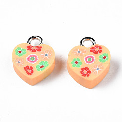 手作りポリマークレイペンダント  プラチナメッキ鉄ループ付き  花とハート  砂茶色  11~12.5x9.5~10x4~5mm  穴：1.8mm&nbsp;CLAY-N006-46C