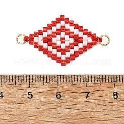 ガラスシードビーズコネクタチャーム  菱形リンク  金色の304ステンレススチールループ付き  レッド  27.5x18.5x2mm  穴：2.5mm&nbsp;PALLOY-MZ01416-02