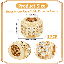 真鍮マイクロパヴェキュービックジルコニアビーズ8個  コラム  ゴールドカラー  9x6.5mm  穴：4mm&nbsp;ZIRC-BBC0003-55G