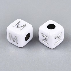 不透明なアクリルビーズ  文字付きのキューブ  シルバーライン入り  文字m  9~10x9~10x9~10mm  穴：4mm  約625個/500g&nbsp;SACR-T035-03M