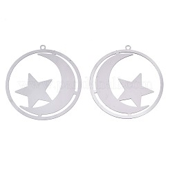 変色しない201ステンレススチール製フィリグリーペンダント  エッチングされた金属装飾  月と星のリング  ステンレス鋼色  42.5x40x0.3mm  穴：1.8mm&nbsp;X-STAS-S118-013P