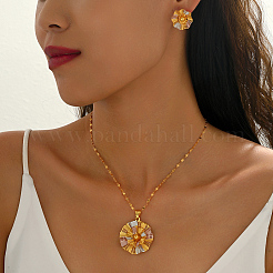 ヴィンテージ真鍮フラワースタッドピアス＆ペンダントネックレスセット（女性用）  ミックスカラー  ネックレス：15.35インチ（39cm）&nbsp;NK5083