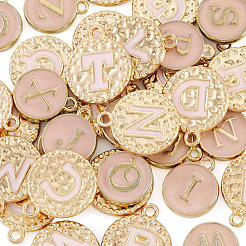 2袋2種類の合金エナメルペンダント  フラットラウンドで、文字 a～z のチャーム付き  ライトゴールド  ピンク  14~17.5x12~15x2mm  穴：1.5~1.6mm&nbsp;ENAM-TA0003-53A