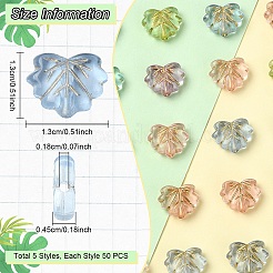 250色メッキ透明アクリルビーズ5個  ゴールドライン入り  葉  ミックスカラー  10.5x13x4.5mm  穴：1.8mm  50個/カラー&nbsp;OACR-YW0002-19