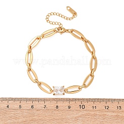304ステンレススチールとキュービックジルコニアのリンクブレスレット  女性用ペーパークリップチェーンブレスレット  長方形  ゴールドカラー  6.99インチ（17.75cm）&nbsp;SA-CBAF756-06G