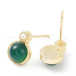 Natural Dyed & Heated Green Onyx Agate Half Round Dangle Stud Earrings&nbsp;EJEW-B027-15G