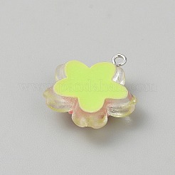 透明樹脂ペンダント  花  プラチナトーンループ付き  ツートン  緑黄  26.5x24.5x8.5mm  穴：2mm&nbsp;RESI-TAC0002-84F