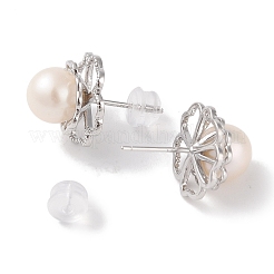 変色防止スターリングシルバースタッドピアス  天然パールと  女性のためのジュエリー  花  プラチナ  13x13mm&nbsp;EJEW-C087-08C-P