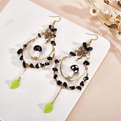 Natural Obsidian Chips Beaded Big Teardrop Dangle Earrings&nbsp;EJEW-SW00016-02