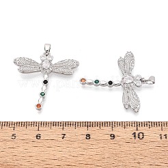 真鍮マイクロペーブカラフルな立方ジルコニアペンダント  トンボのチャーム  プラチナ  28x28x4.5mm  穴：4.5x2mm&nbsp;KK-T075-87P