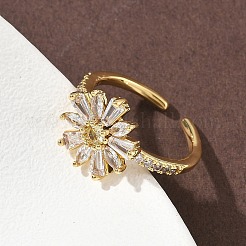 Flower Brass Micro Pave Cubic Zirconia Cuff Rings for Women&nbsp;RJEW-A069-01A-G