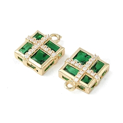 真鍮の舗装キュービックジルコニアペンダント  ライトゴールド  ギフトボックスチャーム  グリーン  15x12.5x5mm  穴：1.6mm&nbsp;KK-G462-44KCG-03