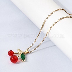 Brass Micro Pave Clear Cubic Zirconia & Resin Red Cherry Pendant 304 Stainless Steel Cable Chain Necklaces for Women&nbsp;NJEW-H092-02G