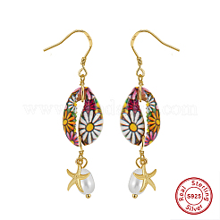 925 Sterling Silver Shell Shape with Starfish Dangle Earrings&nbsp;EJEW-M096-02G
