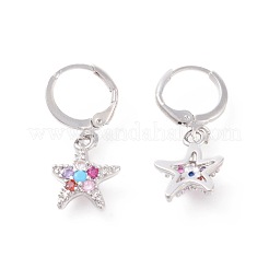 真鍮マイクロパヴェキュービックジルコニアダングルフープピアス  ヒトデ/海星  カラフル  プラチナ  27.5mm  ピン：0.9mm&nbsp;EJEW-F233-05P