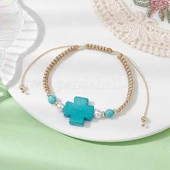 Synthetic Turquoise Cross & Imitation Pearl Braided Bead Bracelet&nbsp;BJEW-JB09743