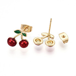 真鍮エナメルスタッドピアス  18KGP本金メッキ  チェリー  10.5x11.5mm&nbsp;X-EJEW-G430-06C-G