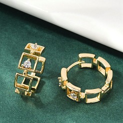 真鍮クリアキュービックジルコニアフープピアス  正方形  18KGP本金メッキ  14x5x15.5mm&nbsp;EJEW-Q016-02G