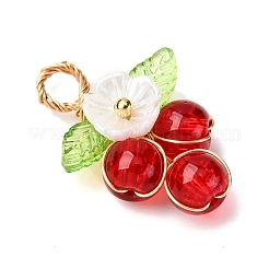 スプレー塗装のクラックル ガラス ペンダント  花  銅線と透明アクリルチャーム付き  レッド  25x17.5x6.5mm  穴：3.5mm&nbsp;PALLOY-JF04489-01