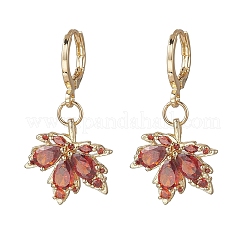 メープルリーフ真鍮マイクロパヴェキュービックジルコニアフレンチフックピアス  真鍮製のピアスパーツ  ゴールドカラー  レッドオレンジ  32.5~33x16.5mm&nbsp;EJEW-JE06916-01