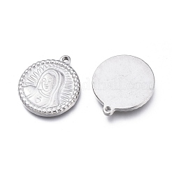 変色しない304ステンレススチールペンダント  聖母マリアとフラットラウンド  ステンレス鋼色  21x18.3x2.8mm  穴：1.5mm&nbsp;STAS-K207-18P-A