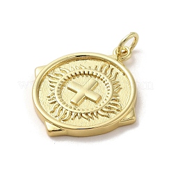 真鍮チャーム  丸カン付き  クロスとフラットラウンド  14KGP本金メッキ  23.5x21x2mm  穴：3.2mm&nbsp;LS-KK-E091-07G