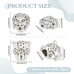 40個2スタイルチベットスタイルアロイビーズ  ライオンとヒョウの頭  アンティークシルバー  12x11~12x6~9mm  穴：1.5~4.5mm  20個/スタイル&nbsp;FIND-ME0001-16