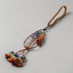 Copper Wire Wrapped Chakra Natural Gemstone Teardrop with Tree of Life Pendant Decorations&nbsp;HJEW-CJC0816-001R