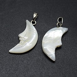 シェルペンダント  真鍮パーツ  ムーン  プラチナ  22~28x10~13x3~5mm  穴：2x5mm&nbsp;X-SSHEL-E564-14P