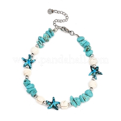 5Pcs 5 Styles Dyed Synthetic Turquoise Starfish & Natural White Moonstone & Lapis Lazuli & Flower Amazonite & Rose Quartz Chip Beaded Anklets with 304 Stainless Steel End Chains&nbsp;AJEW-AN00733