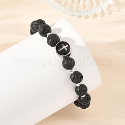 Natural Lava Rock Round Beaded Stretch Bracelets with 304 Stainless Steel Cross Tree of Life for Women&nbsp;BJEW-JB14251