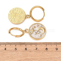 女性用304ステンレススチール製ラインストーン付きフープピアス  エナメル  月と星とフラットラウンド  39x18mm&nbsp;EJEW-F417-01G-01