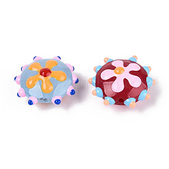 手作りランプワークビーズ  花付き凸凹したフラットラウンド  ミックスカラー  18.5~20x10~11mm  穴：1mm&nbsp;X-LAMP-T023-25M