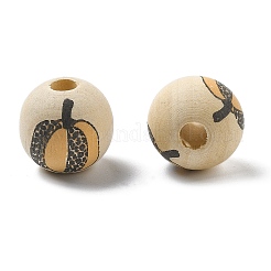 ハロウィーンプリントのシマウッドヨーロピアンビーズ  ラウンド  カボチャ  15x14.5mm  穴：4mm&nbsp;WOOD-G023-07D
