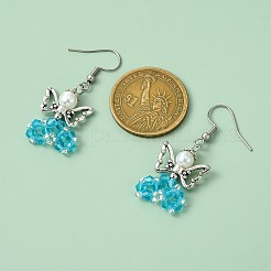 ガラスダングルピアス  合金ビーズと304ステンレススチールのピアスフック付き  天使  シアン  44~45x18mm&nbsp;EJEW-MZ00319-01