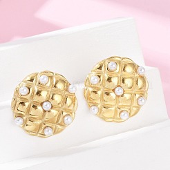 304ステンレススチールスタッドピアス  天然貝のワッフルビーズ付き  イオンプレーティング（ip）  14KGP本金メッキ  フラットラウンド  22.5mm&nbsp;EJEW-G423-29B-G
