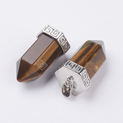 天然タイガーアイ尖ったペンダント  真鍮のパーツと  弾丸  プラチナ  39x18mm  穴：4.5x5.5mm&nbsp;G-E442-03B
