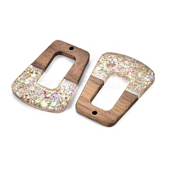 エポキシ樹脂とクルミ材のペンダント  スパンコール付き/スパンコール  台形  砂茶色  37x27.5x3.5mm  穴：2mm&nbsp;RESI-T057-13B