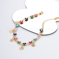 Bohemian Dyed Synthetic Turquoise Colorful Evil Eye Link Chain Brass Flower Tassel Double Layer Beach Anklets for Women&nbsp;CE2837