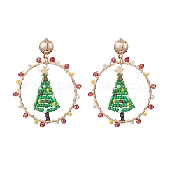 手作りのガラスシードビーズのクリスマスツリースタッドピアス  真鍮製ダングルピアス  ゴールドカラー  49.5x40mm&nbsp;EJEW-MZ00633