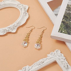 シード編みひし形ガラスダングルイヤリング  ゴールド ブラス ワイヤー ラップ ロング ドロップ イヤリング レディース  雪だるま模様  57mm  ピン：0.6mm&nbsp;EJEW-MZ00038-03