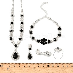 女性用ティアドロップ合金ラインストーンブレスレット＆スタッドピアス＆ネックレス＆リングセット  ジェット  330mm&nbsp;SJEW-M102-02S-02