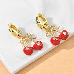 真鍮製マイクロパヴェキュービックジルコニアフープピアス（女性用）  チェリー  エナメル  ラックめっき  長持ちメッキ  鉛フリー＆カドミウムフリー  18KGP本金メッキ  32.5x17mm&nbsp;EJEW-A167-04A-G