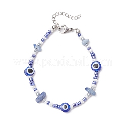 ガラスシードビーズブレスレット  女性用ナザールボンジュウ樹脂チャームブレスレット  コーンフラワーブルー  7-1/2インチ（19cm）&nbsp;BJEW-JB11889