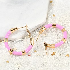PVD真空メッキ201ステンレススチールエナメルフープピアス女性用  304ステンレスピン付き  18KGP本金メッキ  ピンク  30x4mm  ピン：1mm&nbsp;EJEW-B016-33I