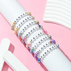 8個 8色ポリマー粘土ビーズストレッチブレスレット  女性用曜日ブレスレット  ミックスカラー  内径：2-1/8インチ（5.3cm）  1pc /カラー&nbsp;BJEW-SW00147